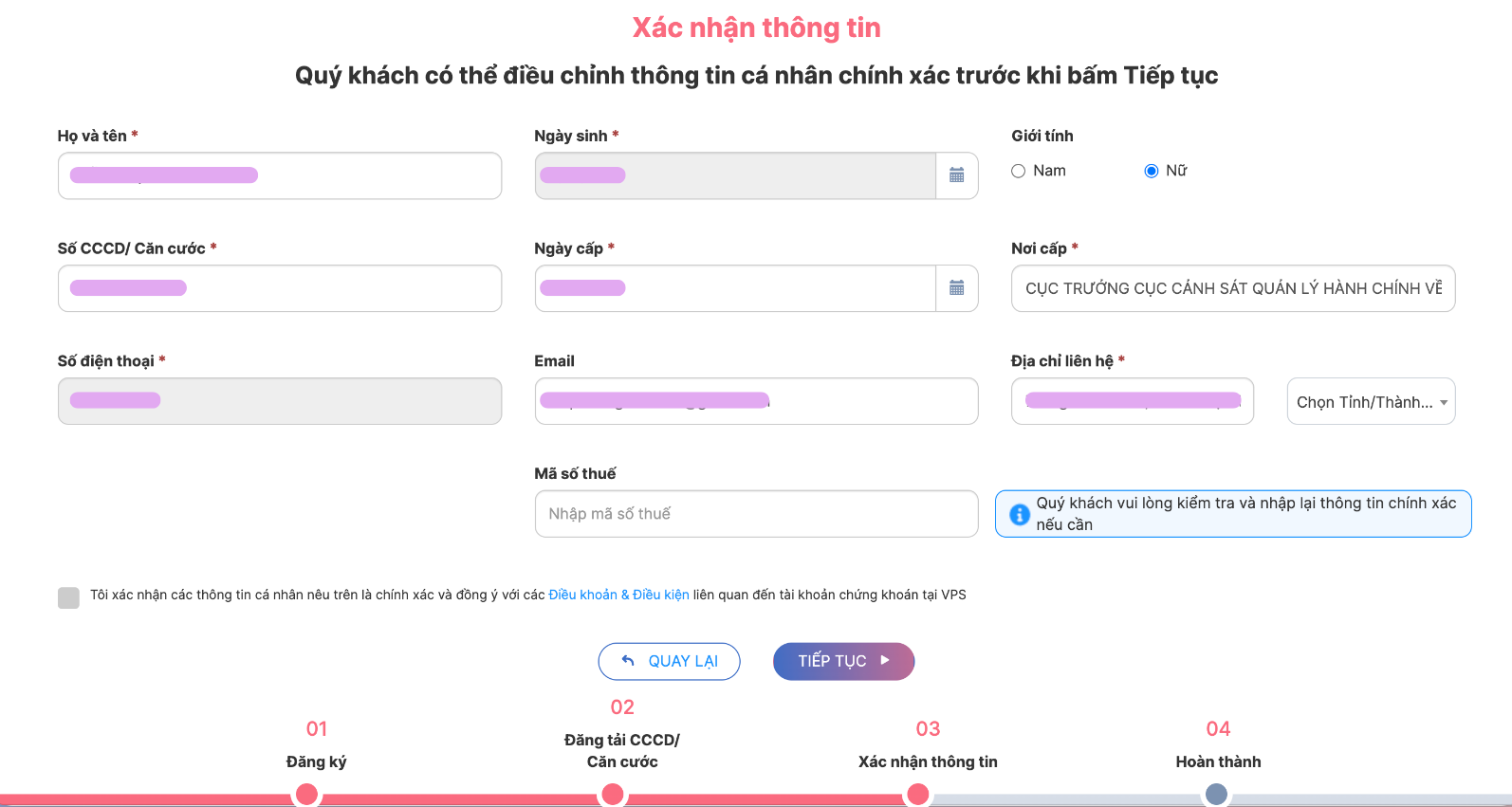 Xác nhận thông tin mở tài khoản chứng khoán VPS